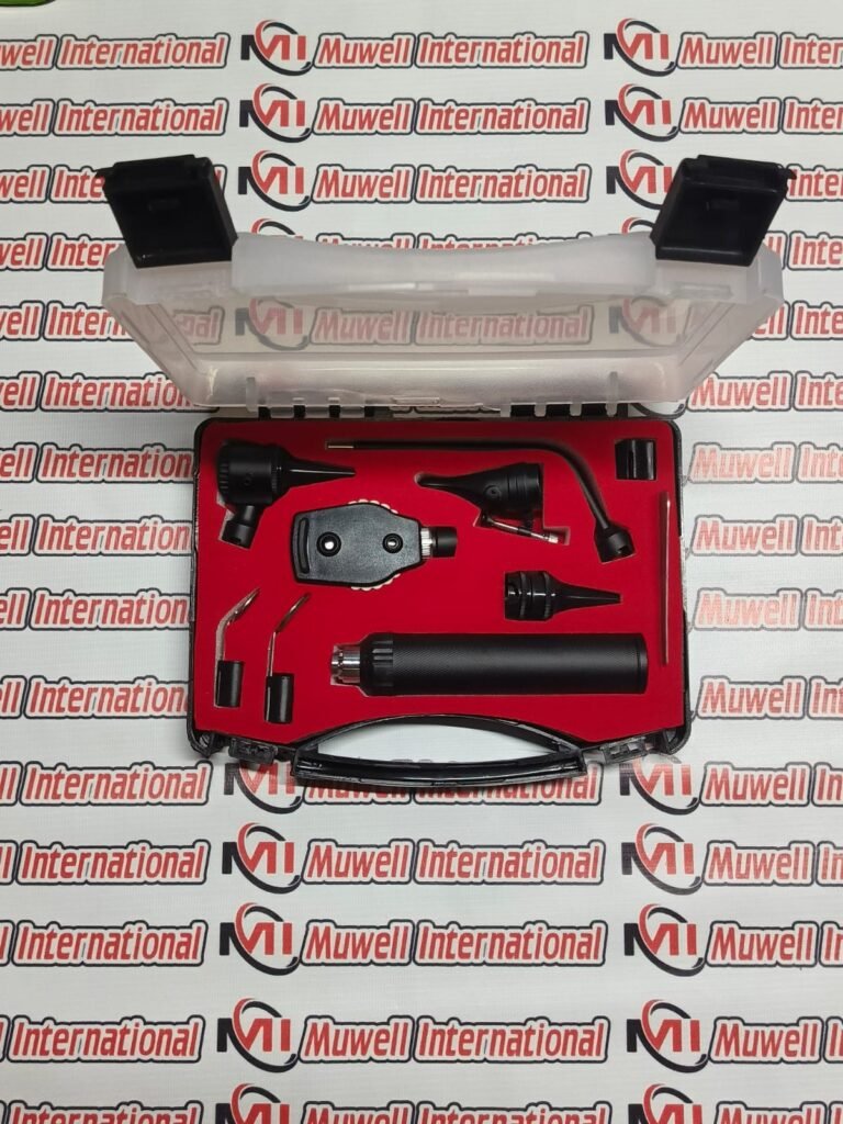 Complete ENT diagnostic set including otoscope, ophthalmoscope, and laryngoscope for clinical examination