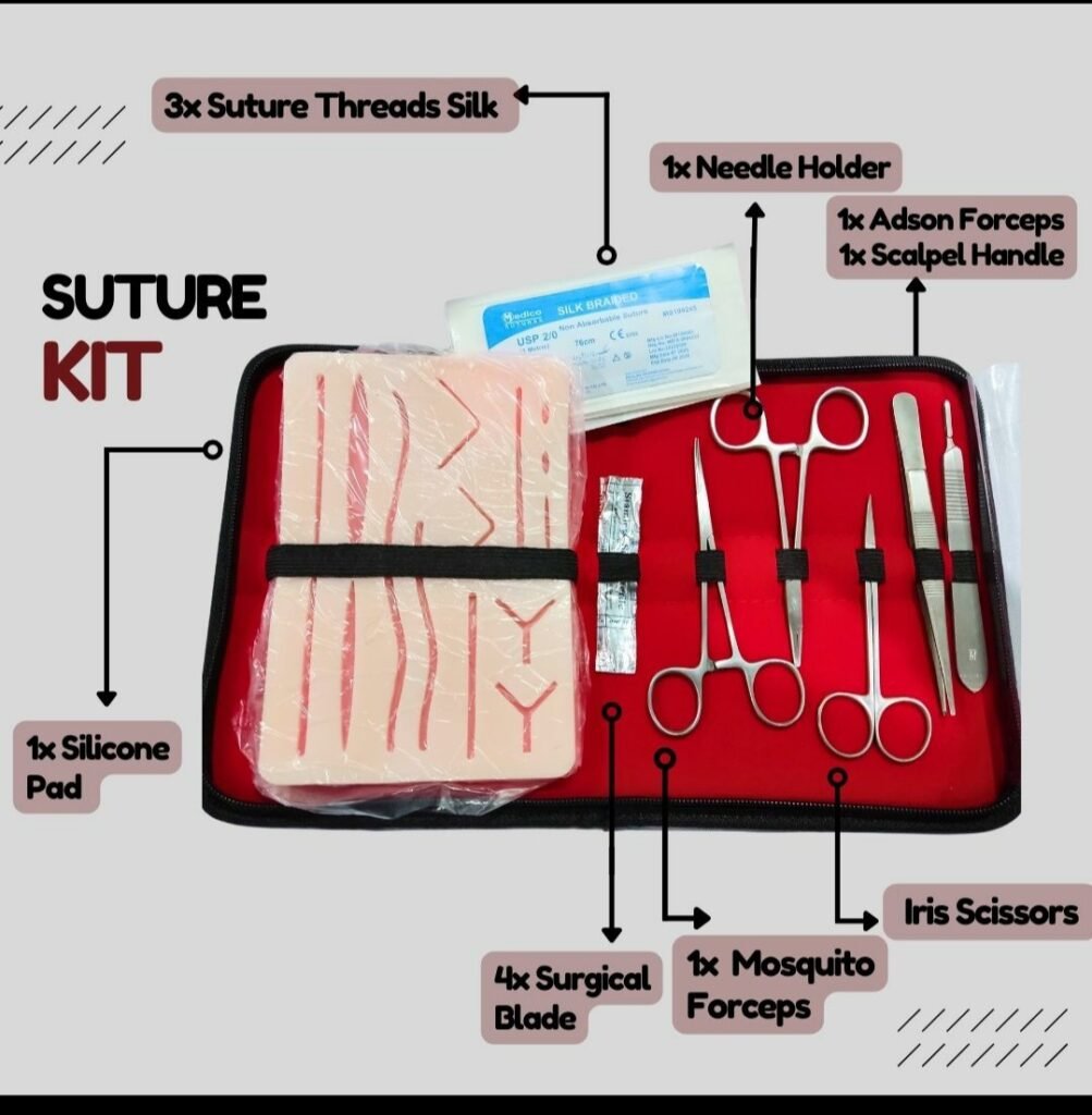 Sterile surgical suture kit with needle holder, forceps, scissors, and sutures for wound closure procedures.